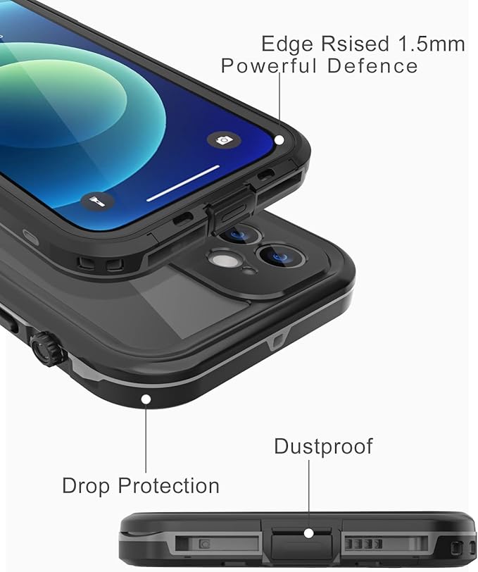 Design for iPhone 12 Waterproof Case, Full Body Shockproof & Dustproof Case with Screen Protector, Black