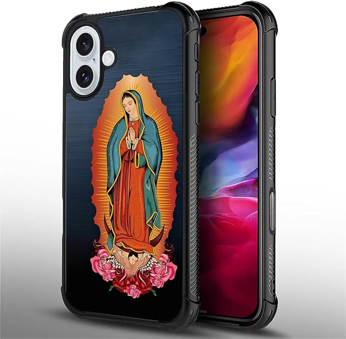 for iPhone 16 Plus Case, Red Virgen Guadalupe Pattern Graphic Design Girl Boy Soft Silicone Hard Acrylic Shock Protection for iPhone 16 Plus