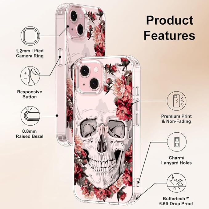MOSNOVO Case for iPhone 15 Plus/iPhone 14 Plus, [Buffertech 6.6ft Military-Grade Drop Protection] [Anti Peel Off Tech] Clear TPU Bumper Phone Case Cover Design - Red Flower Skull