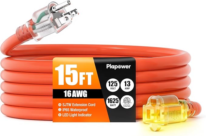 15 FT Outdoor Extension Cord Waterproof, 16/3 Gauge Heavy Duty 3 Prong Power Cord with Lighted Indicator End, 13A 125V 1625W SJTW, ETL Listed, Great for Lawn/Garden/Home(Orange)
