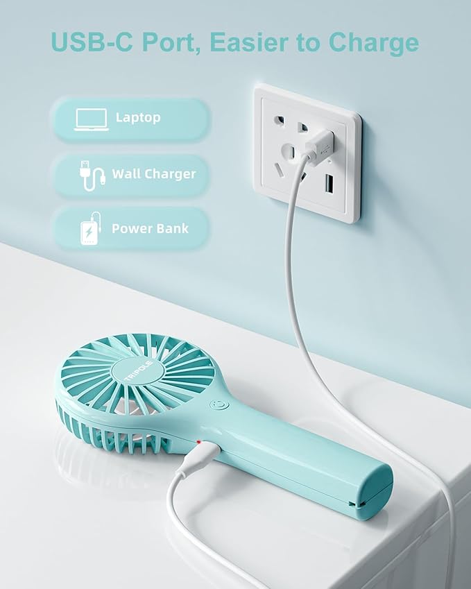 TriPole Mini Handheld Fan Portable Personal Fan with 3 Speed, Powerful Little Battery Hand Held Fan for Travel Trip Outdoor Concerts, Cute Small Rechargeable Lash Fan for Makeup Skincare Drying, Cyan