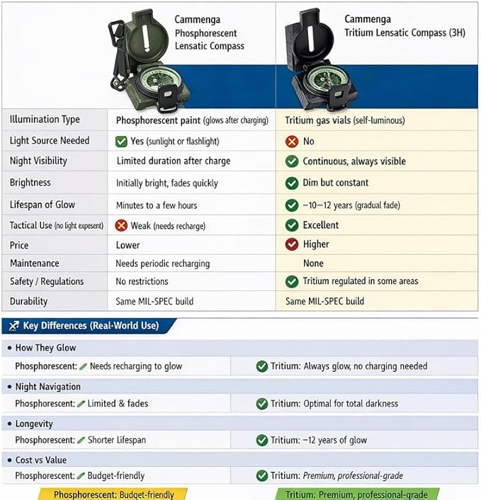 Cammenga Compass Military Grade Phosphorescent - Lensatic Compass Shock, Sand, and Waterproof, Tactical, Navigation - Made in The USA
