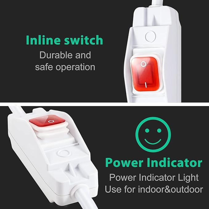 Outdoor Waterproof On/Off Switch Extension Cord, Heavy Duty 125v/250v Black SJTW Cord (10 Ft, White)