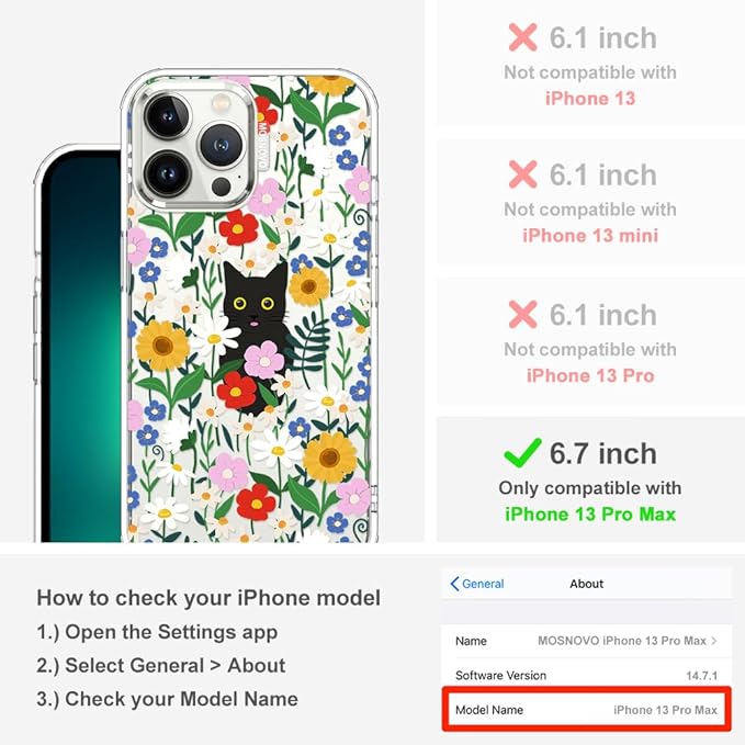 MOSNOVO Case for iPhone 13 Pro Max, [Buffertech 6.6ft Military-Grade Drop Protection] [Anti Peel Off Tech] Clear TPU Bumper Phone Case Cover Design - Black Cat in Garden