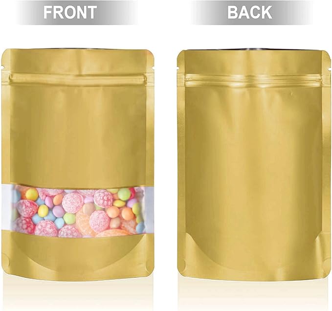 7.1"x10.2" 1 Quart 120pcs Mylar Bags for Food Storage,Smell Proof Bag with Matte Window Resealable Food Storage Bags for Small Business, Stand-up Foil Pouch Packaging Freeze Dried Candy Bag (Gold)