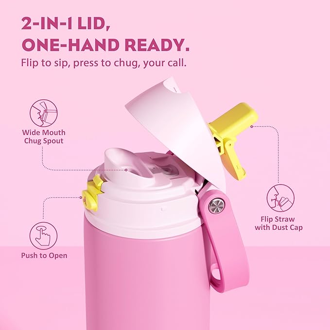 POWCAN 18 oz Steel Water Bottle: 2-in-1 Push-Button Spout & Quick-Flip Straw, Leakproof, Cold 24Hrs, Fits Car Cup Holder, Insulated Cup for Sports, Travel, School, Gift for Women, Girls (Rose Slumber)