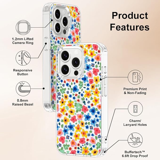 MOSNOVO Case for iPhone 14 Pro, [Buffertech 6.6ft Military-Grade Drop Protection] [Anti Peel Off Tech] Clear TPU Bumper Phone Case Cover Design - Little Flowers