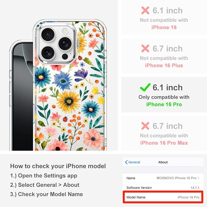 MOSNOVO for iPhone 16 Pro Case, Shockproof Military-Grade Protection 6.6ft Drop Tested, Clear Phone Case for iPhone 16 Pro, Wildflower Bloom Design