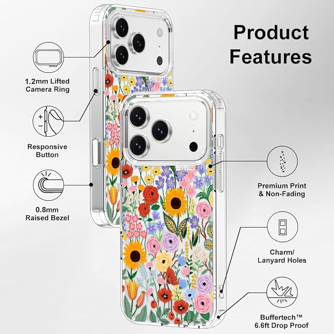 MOSNOVO for iPhone 17 Pro Case | Military Grade 6.6ft Drop Tested | Camera Control | Clear with Blossom & Bloom Design