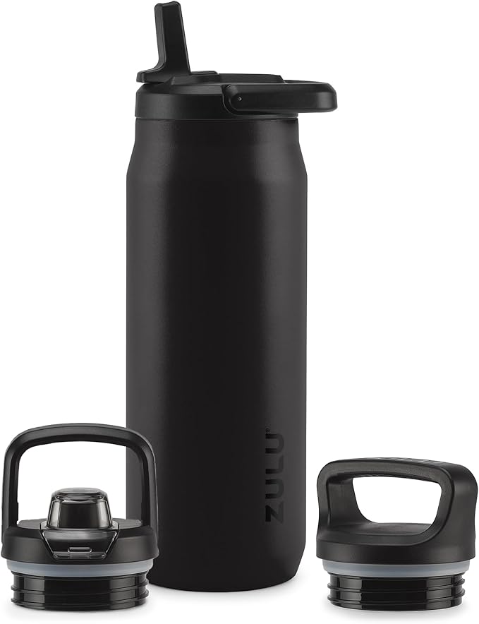 ZULU Base 32oz Stainless Steel Water Bottle with 3 Lids- Straw, Chug, Twist | Double Walled and Vacuum Insulated Metal Thermos | For Gym, Outdoor, Built in Carry Loop, Dishwasher Safe, Black