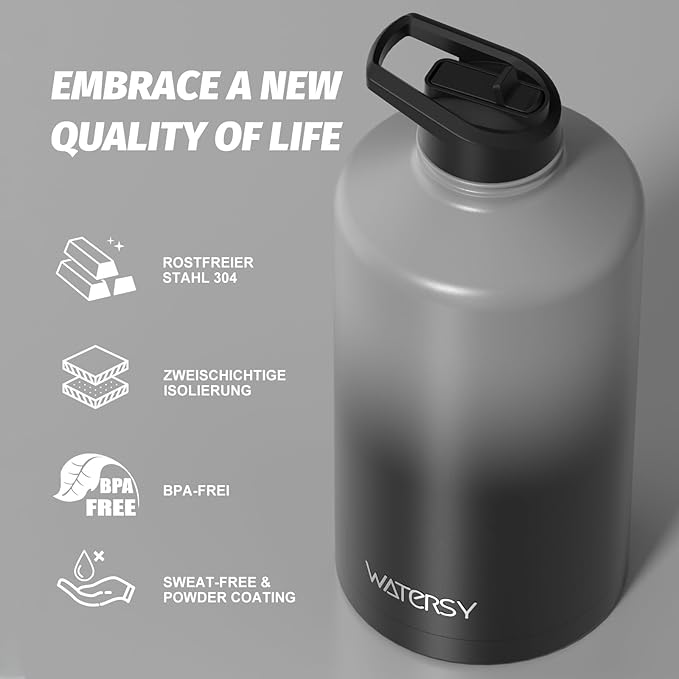 1 Gallon Water Bottle Insulated(Cold for 48 Hrs),BPA Free&Leak Proof,128oz Stainless Steel Water Jug,Large Water Bottle with Straw Spout Lids for Gym,Hiking,Camping&Travel,Grey Black