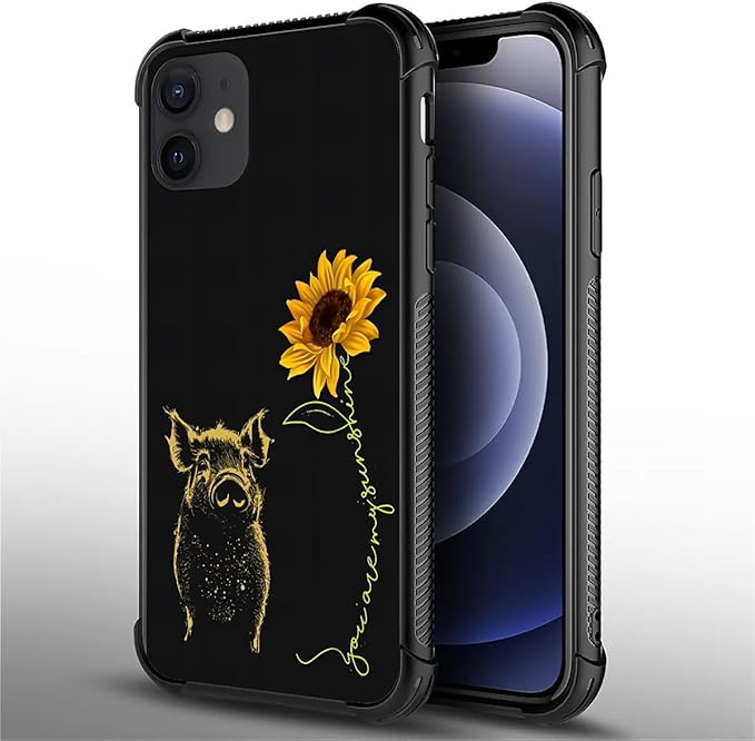 for iPhone 12/12 Pro Case, Pig Sunflower Yellow Sunshine Pattern Graphic Design Girl Boy Soft Silicone Hard Acrylic Shock Protection for iPhone 12/12 Pro