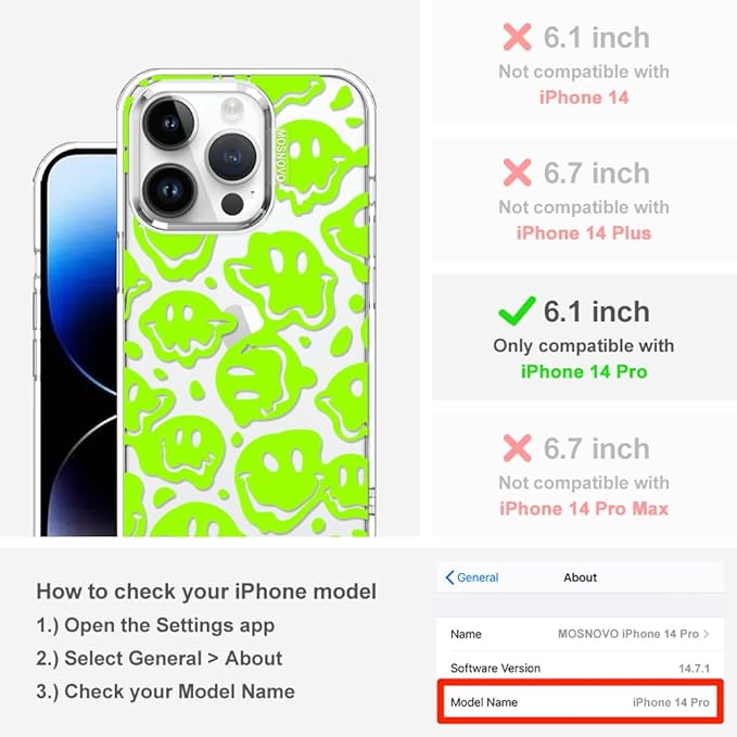 MOSNOVO Case for iPhone 14 Pro, [Buffertech 6.6ft Military-Grade Drop Protection] [Anti Peel Off Tech] Clear TPU Bumper Phone Case Cover Design - Distorted Green Smiles Face