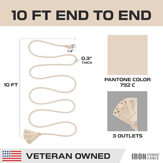 Iron Forge Cable Weatherproof 10 Ft Outdoor Extension Cord - 3 Outlet 16/3 SJTW Heavy Duty Light Brown Extension Cord 3 Prong - 13 Amp Power Cable