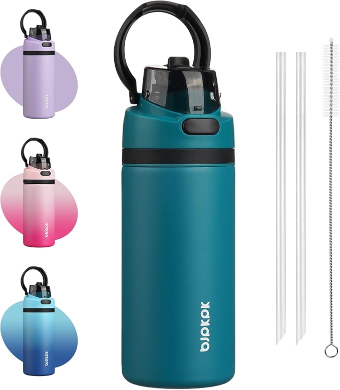 BJPKPK 17oz Insulated Water Bottle with 2-1 Straw Spout Lid, Stainless Steel Metal Water Bottles with Carry Handle, BPA Free, Leak-Proof, Fits in Car Cup Holder, Thermo for Sports,Ocean Blue