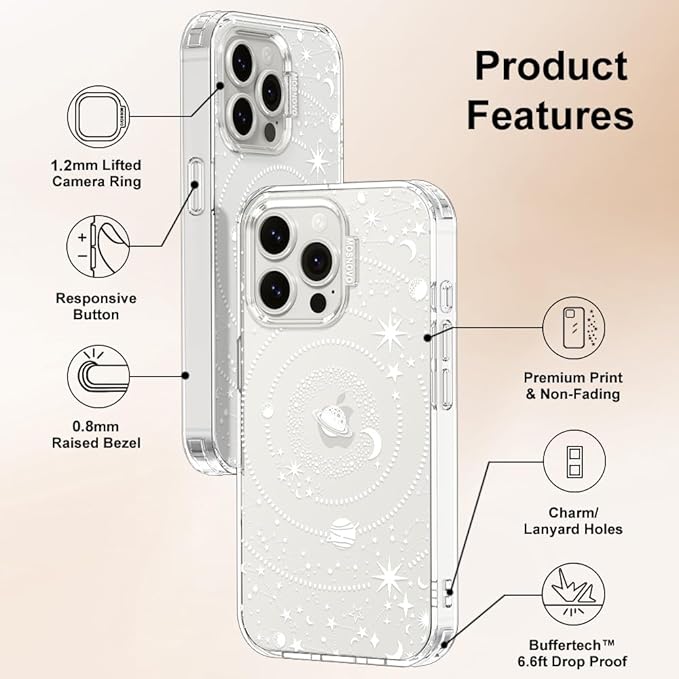MOSNOVO Case for iPhone 15 Pro Max, [Buffertech 6.6ft Military-Grade Drop Protection] [Anti Peel Off Tech] Clear TPU Bumper Phone Case Cover Design - Galaxy