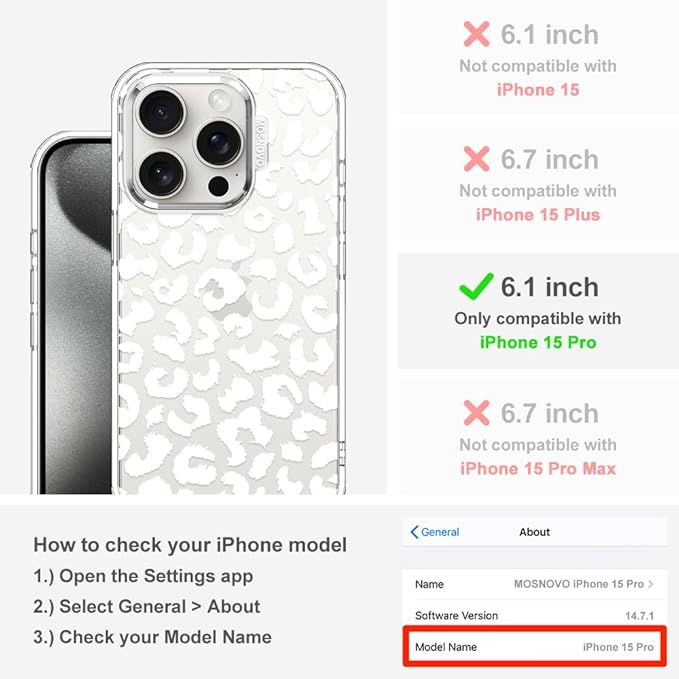 MOSNOVO Case for iPhone 15 Pro, [Buffertech 6.6ft Military-Grade Drop Protection] [Anti Peel Off Tech] Clear TPU Bumper Phone Case Cover Design - White Leopard Print