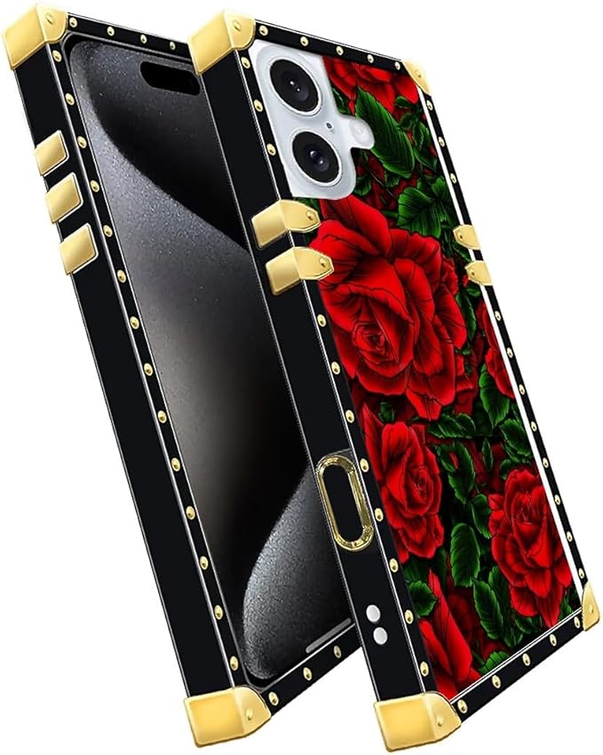 Compatible with iPhone 16 Plus Case, Vector Red Rose Green Leaf Luxury Golden Decoration for Girl Women Soft TPU Shockproof Protective Hard PC Back