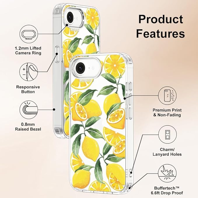 MOSNOVO for iPhone 17e Case/iPhone 16e Case, Shockproof Military-Grade Protection 6.6ft Drop Tested, Clear Phone Case for iPhone 16e / iPhone 17e, Lemon Design