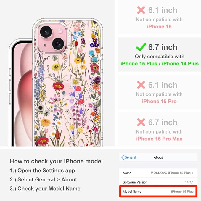 MOSNOVO Case for iPhone 15 Plus/iPhone 14 Plus, [Buffertech 6.6ft Military-Grade Drop Protection] [Anti Peel Off Tech] Clear TPU Bumper Phone Case Cover Design - Wildflower Meadow