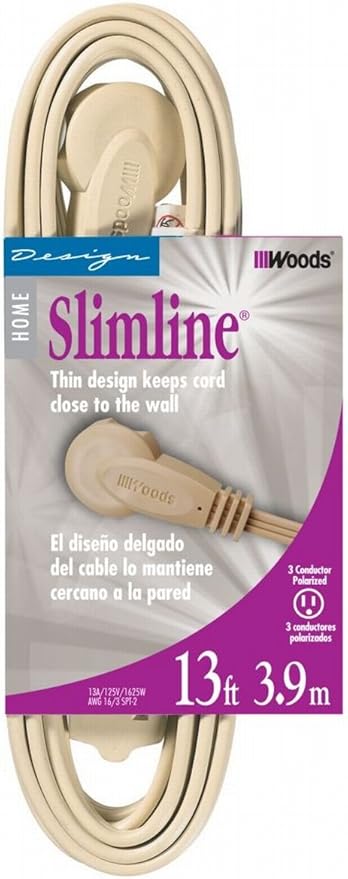 Woods Slimline 16/3 Flat Plug Extension Cord, 8ft, Beige, 2255