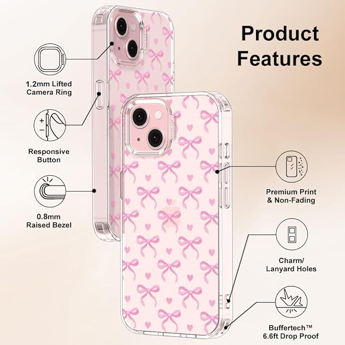 MOSNOVO Case for iPhone 15, [Buffertech 6.6ft Military-Grade Drop Protection] [Anti Peel Off Tech] Clear TPU Bumper Phone Case Cover Design - Bowtiful Love