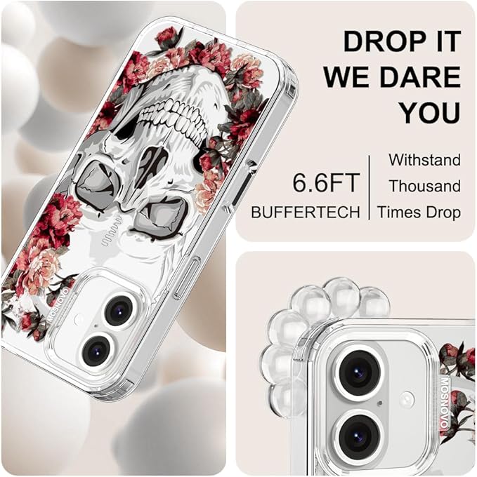 MOSNOVO Case for iPhone 16, [Buffertech 6.6ft Military-Grade Drop Protection] [Anti Peel Off Tech] Clear TPU Bumper Phone Case Cover Design - Red Flower Skull