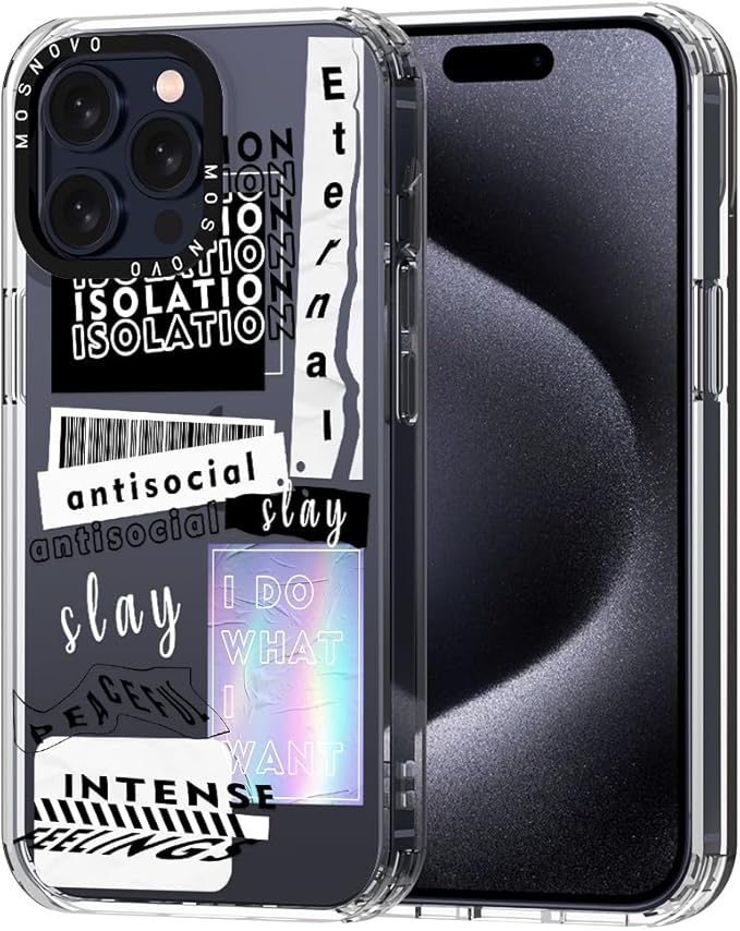 MOSNOVO Case for iPhone 15 Pro Max, [Buffertech 6.6ft Military-Grade Drop Protection] [Anti Peel Off Tech] Clear TPU Bumper Phone Case Cover Design - Slay