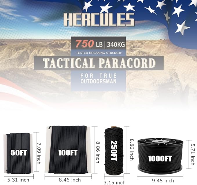 HERCULES 750lb Paracord 4mm 11 Strands Tactical Parachute Cord, 50' 100' 250' 1000' Utility Rope for Camping, Survival, Outdoor Gear (Black, 100FT)