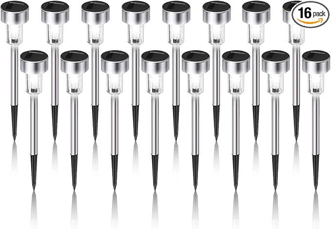 Dream Master Solar Lights Outdoor Waterproof, Stainless Steel LED Landscape Lighting, Solar Garden Lights, Outdoor Decorations for Yard, Pathway, Walkway, Patio, Lawn - 16 Pack (Cold White)