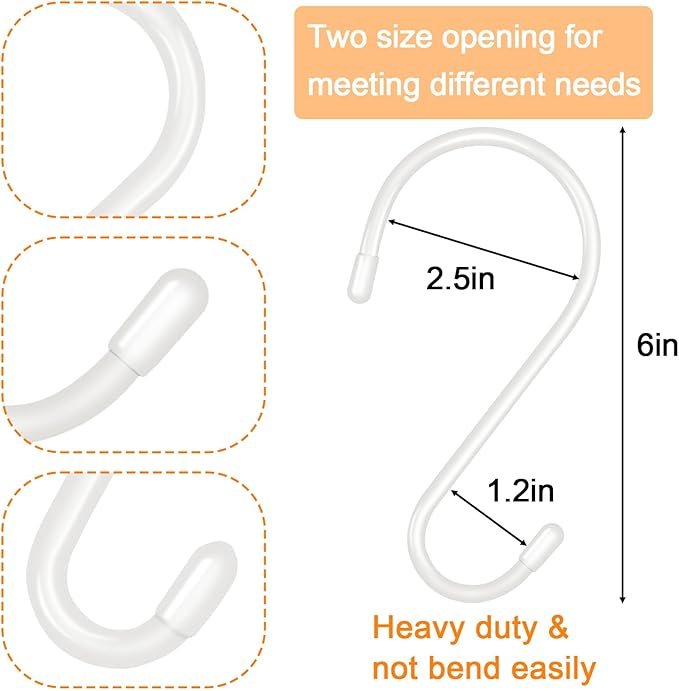 DINGEE 12 Pack 6 Inch S Hooks,Large S Hook Vinyl Coated Heavy Duty S Hook for Hanging, Non Slip S Hanger Closet Hooks, Steel Metal White Rubber S Hooks for Hanging Plants,Clothes,Jeans,Pot Pan Garden