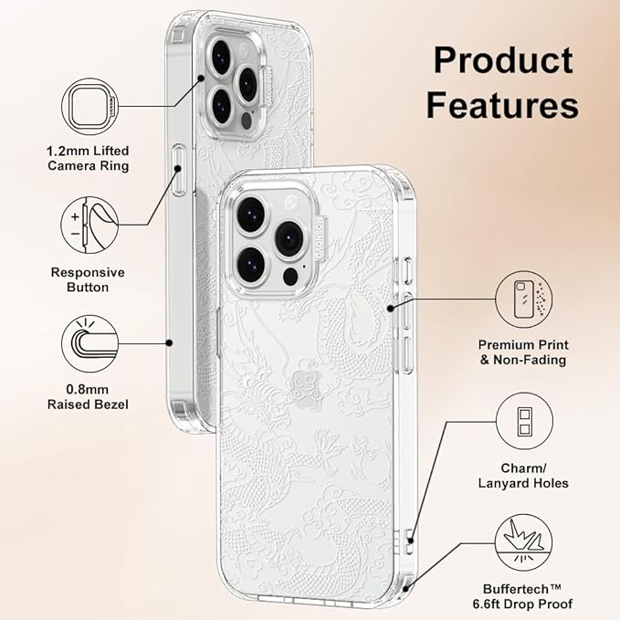 MOSNOVO Case for iPhone 13 Pro, [Buffertech 6.6ft Military-Grade Drop Protection] [Anti Peel Off Tech] Clear TPU Bumper Phone Case Cover Design - White Dragon