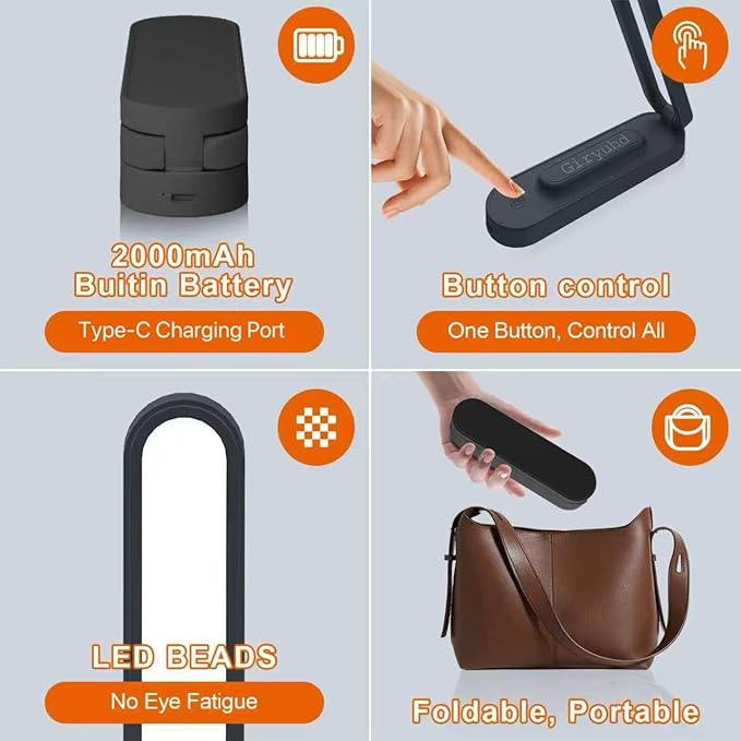 Giryuhd LED Desk Lamp for Office Home & Battery Operated Lamp Rechargeable Lamp Foldable & Portable Light, LED Desk Light Strip, 3 Brightness Dimmable Small Desk Lamp Wireless Reading Lamp