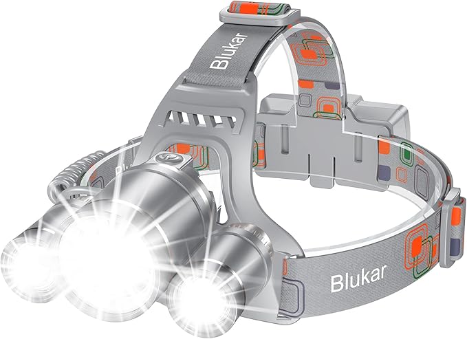 Blukar LED Headlamp, Super Bright Rechargeable Headlight Flashlight - 3 Lights 5 Modes,Zoomable,Spotlight&Floodlight Combination, IPX6 Waterproof, 20+Hrs Runtime for Running,Hiking-Gray