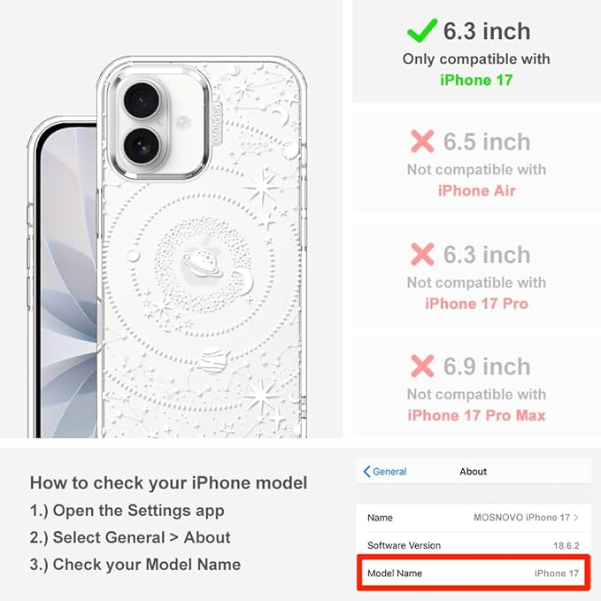 MOSNOVO for iPhone 17 Case | Military Grade 6.6ft Drop Tested | Camera Control | Clear with Galaxy Design