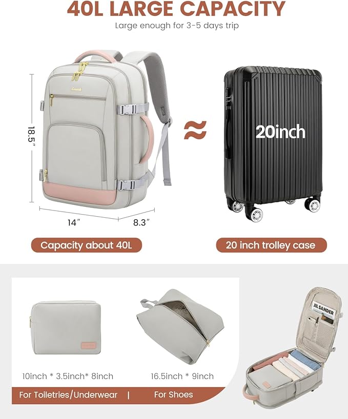 LOVEVOOK Carry On Travel Backpack For Women Flight Approved, 40L Personal Item Backpack, TSA Travel Bag for Airplanes Fit 17 Inch Laptop, Business Weekender Overnight Waterproof Daypack with 2 Cubes