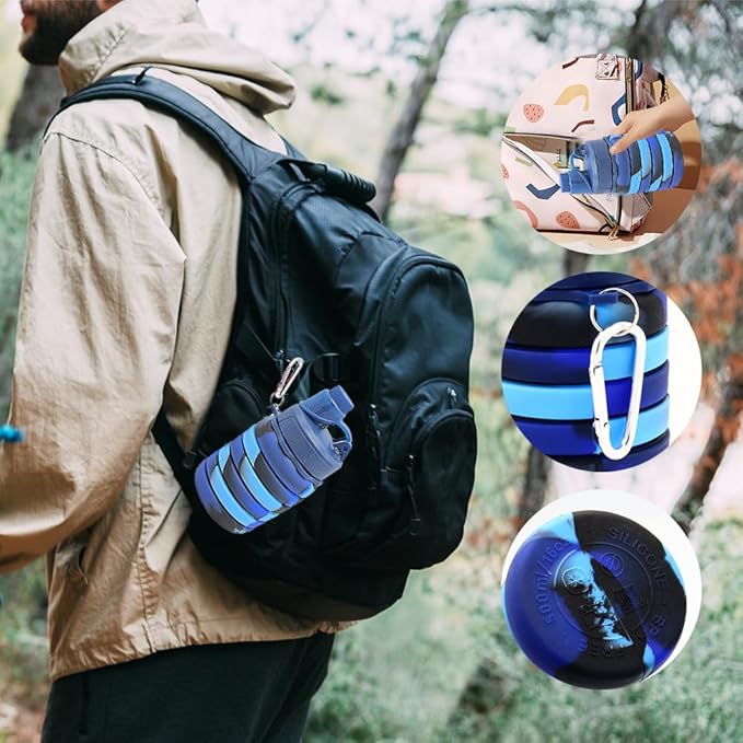 Silicone Collapsible Water Bottles, 16oz（500ml） Portable Foldable Expandable Water Bottle Sports Cups, Leak Proof Reusable BPA Free, for Outdoor Activities (Blue)