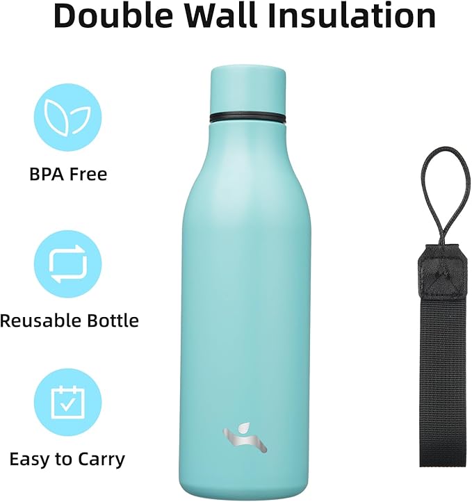 Konokyo Insulated Water Bottle with Strap,18 oz Double Wall Stainless Steel Vacuum Bottles Metal Water Flask,Turquoise
