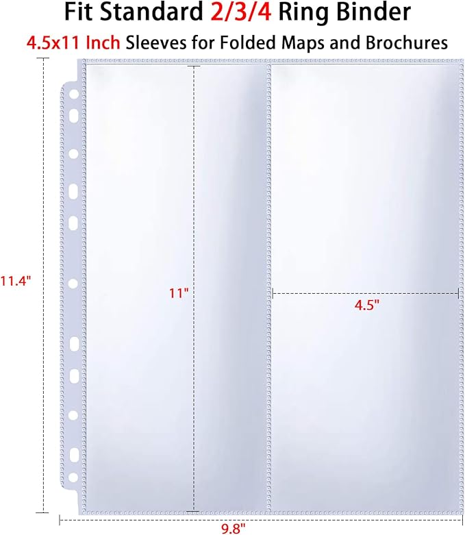30 Pack 60 Pockets 4.5x11” Folded Map Sleeves, Ultra-Clear Brochure Organizer Pages for 3 Ring Binder, Top Loading Map Protector Sleeves