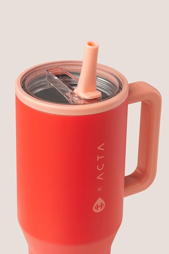 HydroJug Traveler - 40 oz Water Bottle with Handle & Flip Straw - Fits in Cup Holder, Leak Resistant Tumbler-Reusable Insulated Stainless Steel & Rubber Base - Gifts for Women & Men, Peach Pop