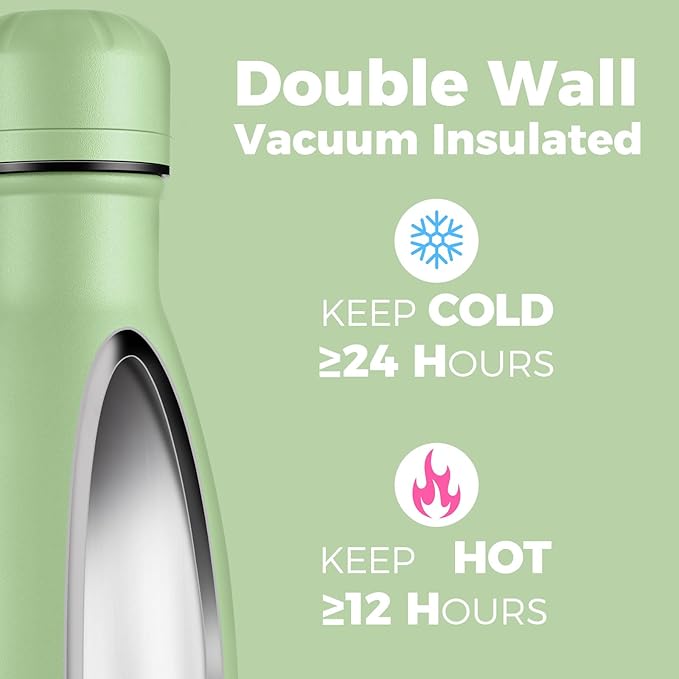 Volhoply 17oz Stainless Steel Water Bottles Bulk, Leakproof Insulated Metal Water Bottle for Sports, Travel, Adult, Available in Packs of 1, 4, or 8（Green,8 Pack）
