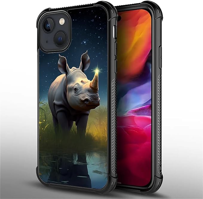for iPhone 15 Plus Case, Rhino Water Marshes Pattern Made of Soft Silicone Hard Acrylic Shock Protection for iPhone 15 Plus