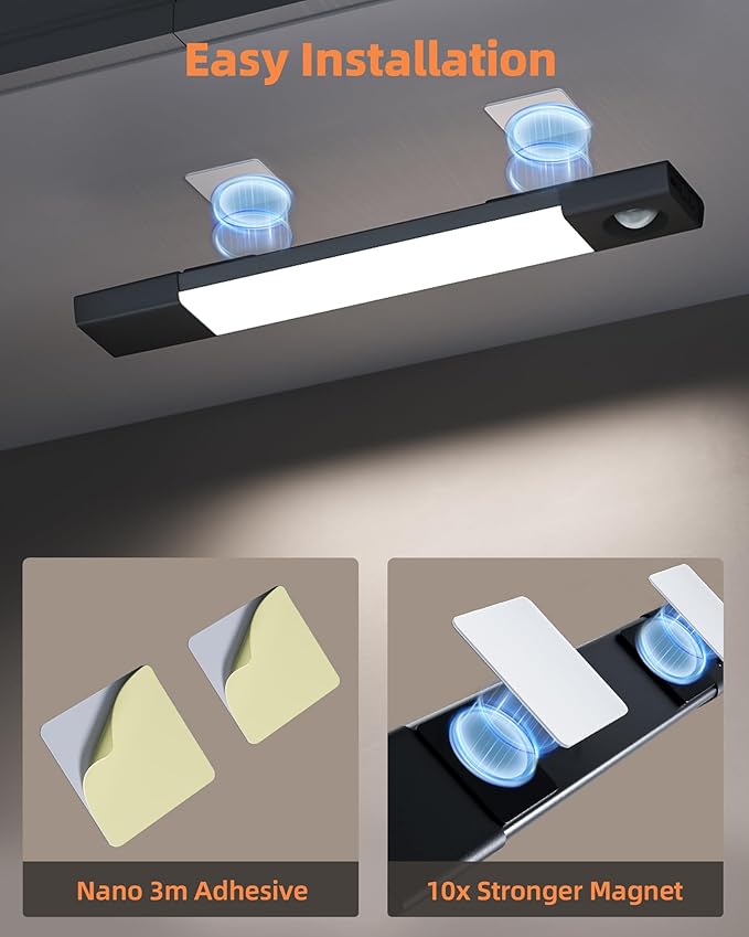 EZVALO Under Cabinet Lighting, Wireless Closet Lights, 50 LED Rechargeable Motion Sensor Light, Dimmable, 3 Color Temperatures, 11.8 in Counter Lights for Kitchen, Pantry, Wardrobe (3 Pcs, Black)