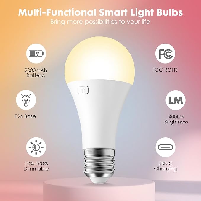 2Pack E26 Rechargeable Light Bulbs with Remote, A19 40W Equivalent Bulb, Soft Warm White 2700K, 400LM Dimmable 5W LED Light Bulb with 15 Colors 3 Timer for Non-Wired Lamp Sconce, Touch, Remote Control