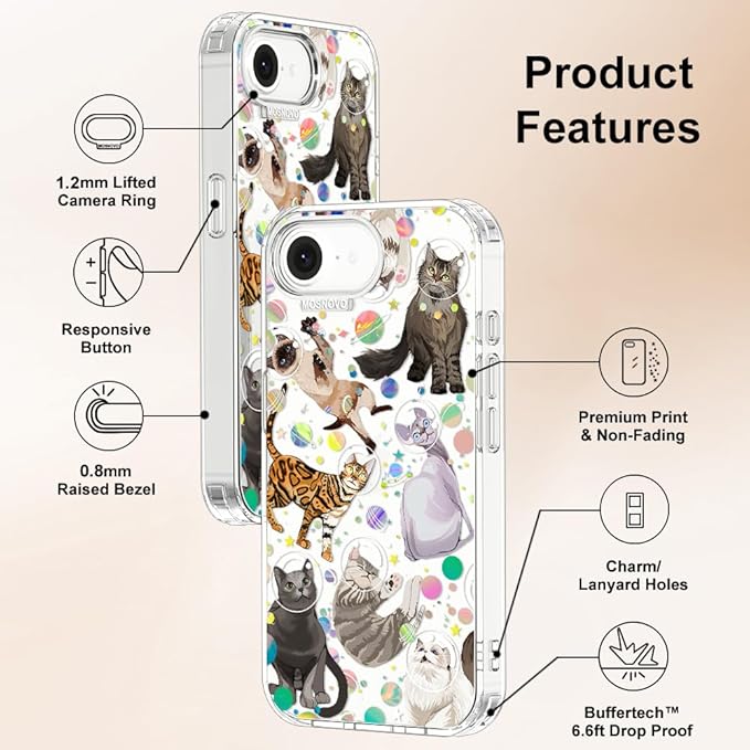 MOSNOVO for iPhone 17e Case/iPhone 16e Case, Shockproof Military-Grade Protection 6.6ft Drop Tested, Clear Phone Case for iPhone 16e / iPhone 17e, Space Cat Design