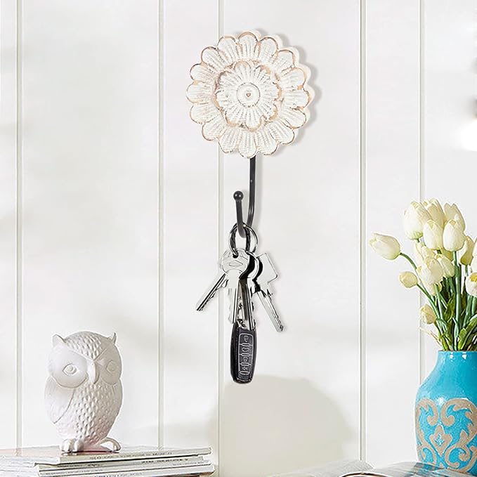 dwellington Distress Wood Flower Coat Hooks for Wall Hanging, Single Small Vintage Decorative Hanger for Keys, Bags, Towels (Long Hanger)