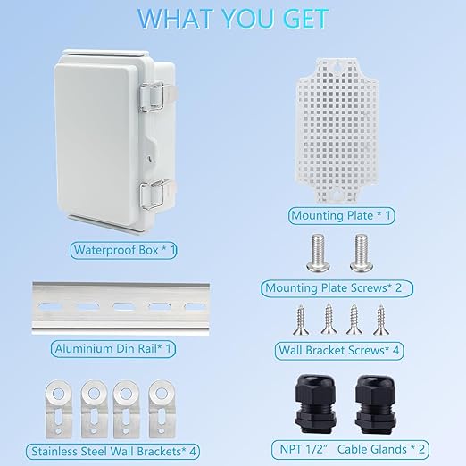 IP67 Waterproof Junction Box, ABS Plastic Electrical Enclosure with Stainless Steel Latch, Hinged Cover Electric Box with Mounting Plate, Wall Brackets & Cable Glands 150x100x70