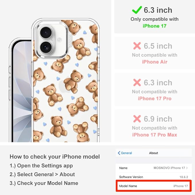 MOSNOVO for iPhone 17 Case, Shockproof Military-Grade Protection 6.6ft Drop Tested, Camera Control, Clear Phone Case for iPhone 17, Teddy Mood Design