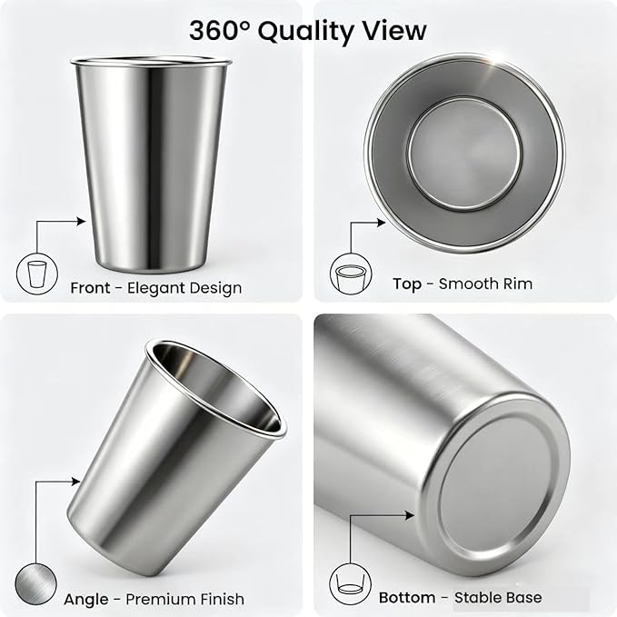 Stainless Steel Cups & Pint Tumblers Set of 8 - 4 Pack 8 oz + 4 Pack 16 oz Stackable, BPA Free Unbreakable 304 Metal Drinking Glasses for Children & Adults, Indoor Outdoor Picnic Travel Camping