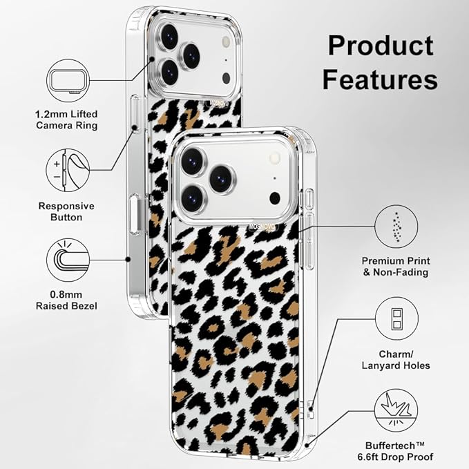 MOSNOVO for iPhone 17 Pro Max Case | Military Grade 6.6ft Drop Tested | Camera Control | Clear with Leopard Print Design